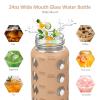 MUKOKO 24oz Glass Water Bottle with 2 Lids-Handle Flip Lid&Bamboo Straw Lid,Motivational Water Tumbler with Time Marker Reminder and Silicone Sleeve, Leakproof-Amber view 4
