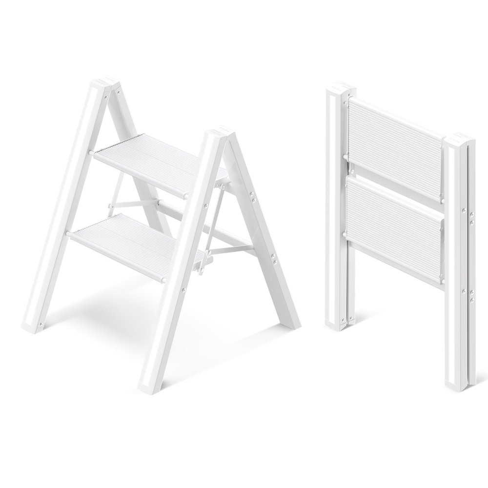 GameGem 2 Step Ladder, Aluminum Folding 2 Step Stool with Anti-Slip Sturdy and Wide Pedal, Lightweight Portable Stepladder for Home and Kitchen Use Space Saving, Cream White, 330 lbs