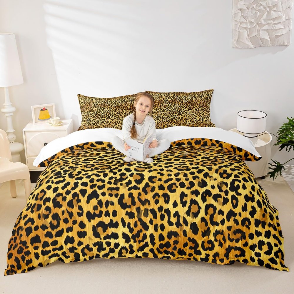 Leopard Print Duvet Cover Set Twin Size,Cheetah Skin Texture Bedding Set 2pcs for Kids Teens Girls Room Decor, Wild Animals Comforter Cover Golden Brown Luxury Quilt Cover with 1 Pillowcase