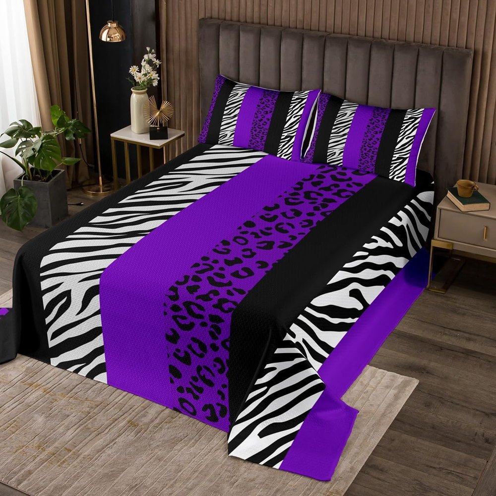Homewish Leopard Print Bedspread Twin Size,Zebra Skin Texture Coverlet Set 2pcs for Kids Teens Adult Room Decor,Striped Fashion Quilted Coverlet Black White and Purple Bedding Quilt with 1 Pillowcase