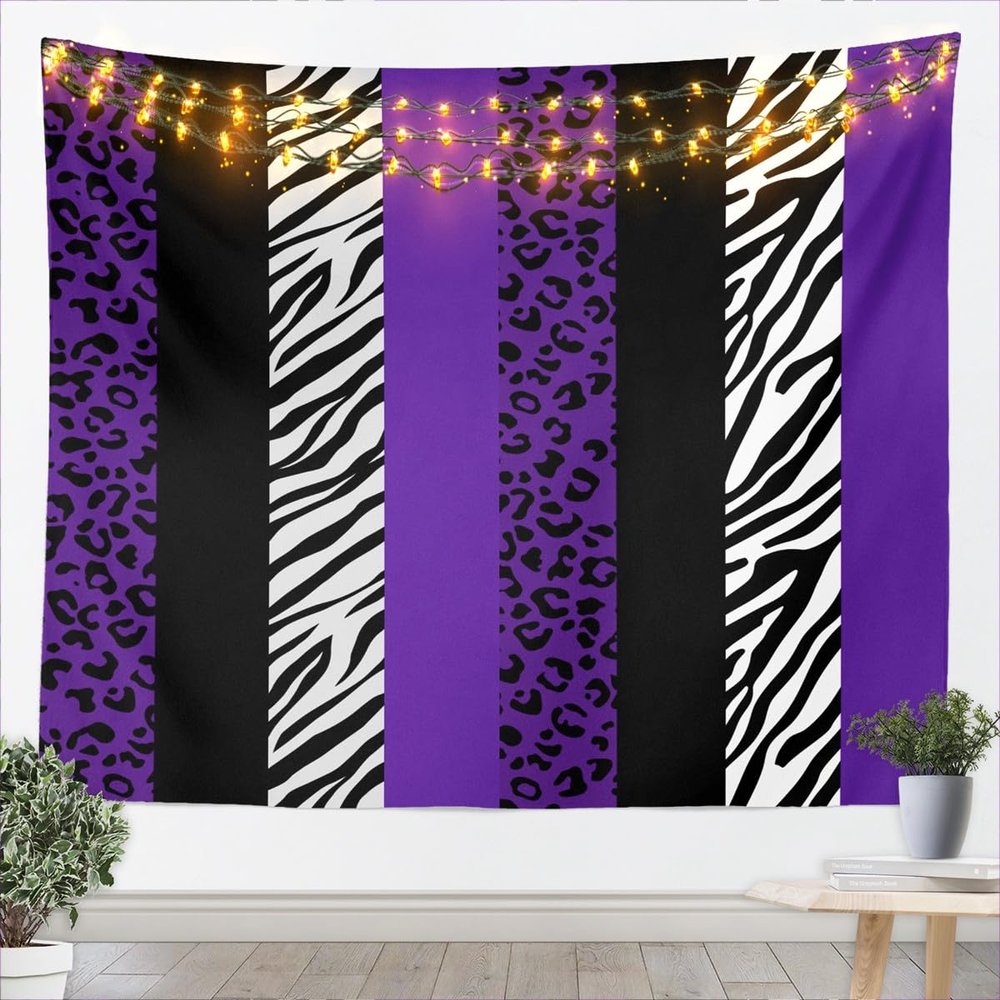 Leopard Print Tapestry Zebra Skin Texture Wall Hanging for Kids Teens Boys Room Decor,Striped Fashion Wall Blanket Tapestries Black White and Purple Wall Art Hanging, XLarge 70.9 x 92.5 Inches