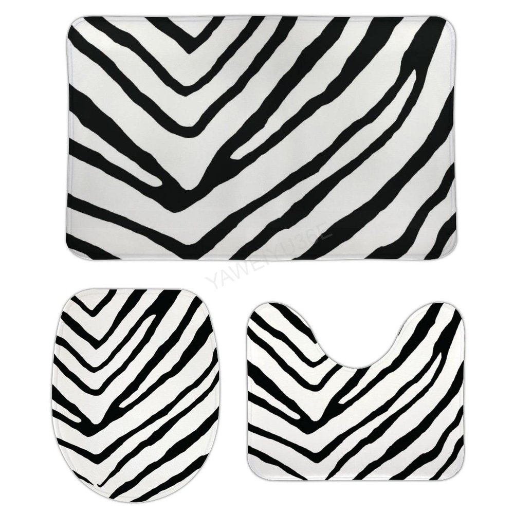 3 Pieces Bathroom Rug Set, Anaimal Skin Patterns-Zebra Soft Foam Non Slip Bath Mats Sets Toilet Contour Mat Lid Cover for Bathtub Shower and Bathroom Decor 20"x32"
