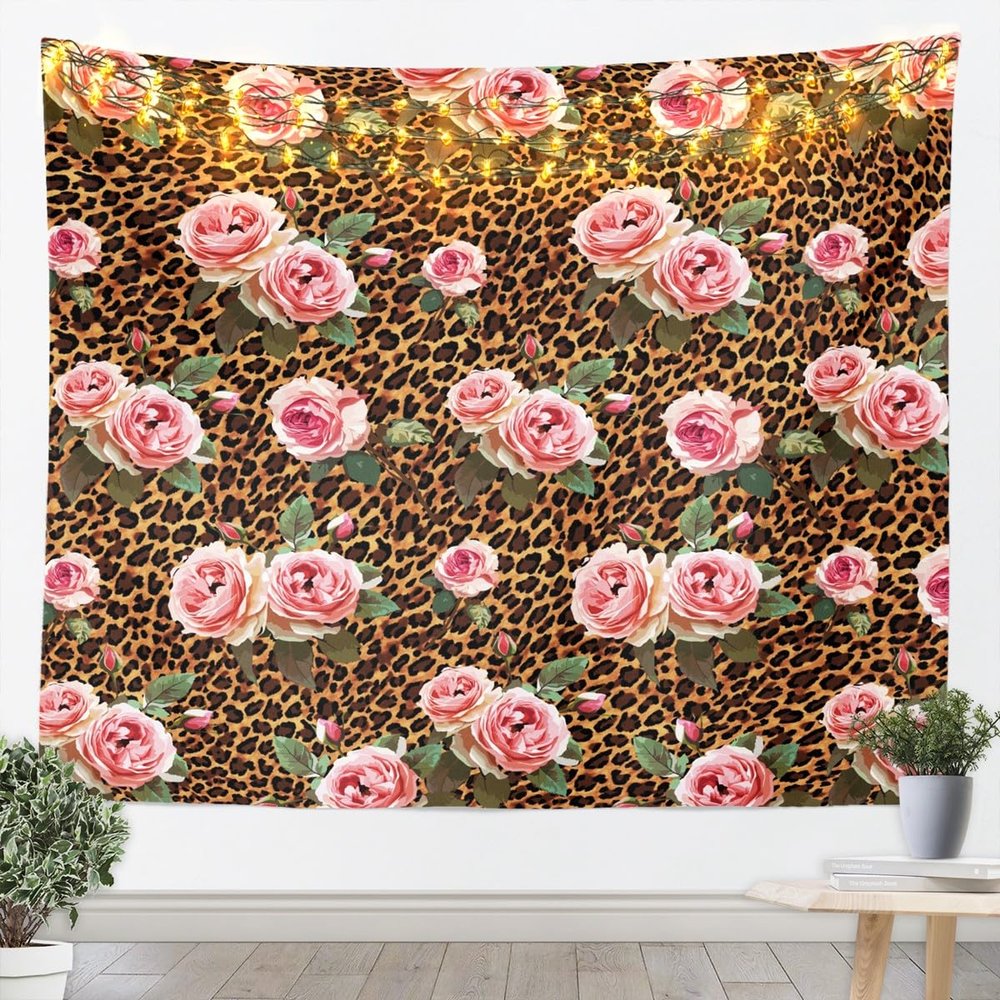 Brown Leopard Print Tapestry Cheetah Skin Texture Wall Hanging for Kids Teens Boys Girls Room Decor, Floral Wild Animals Wall Blanket Tapestries Pink Wall Art Hanging, XLarge 70.9 x 92.5 Inches
