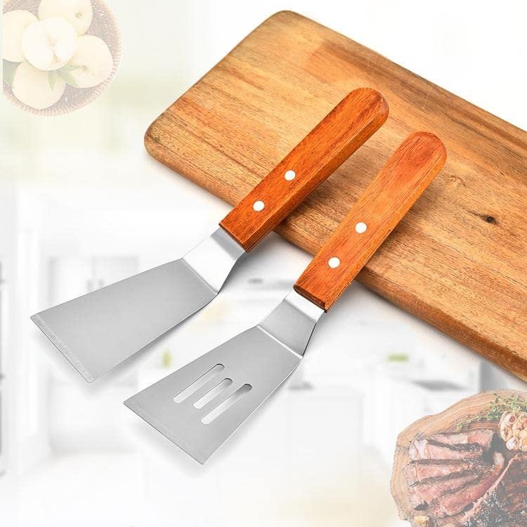 2PCS Metal Slotted Spatula Set, Stainless Steel Spatula with Wooden Handle Griddle Accessories Pancake Turner Flipper for Cast Iron Skillet Grill Baking Cooking