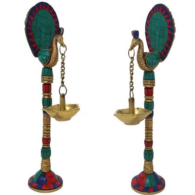 Pink Peony Brass Pair of Bird Peacock Hanging Chain Diya Oil Lamp Stand, 9 Inches (Pack of 2)