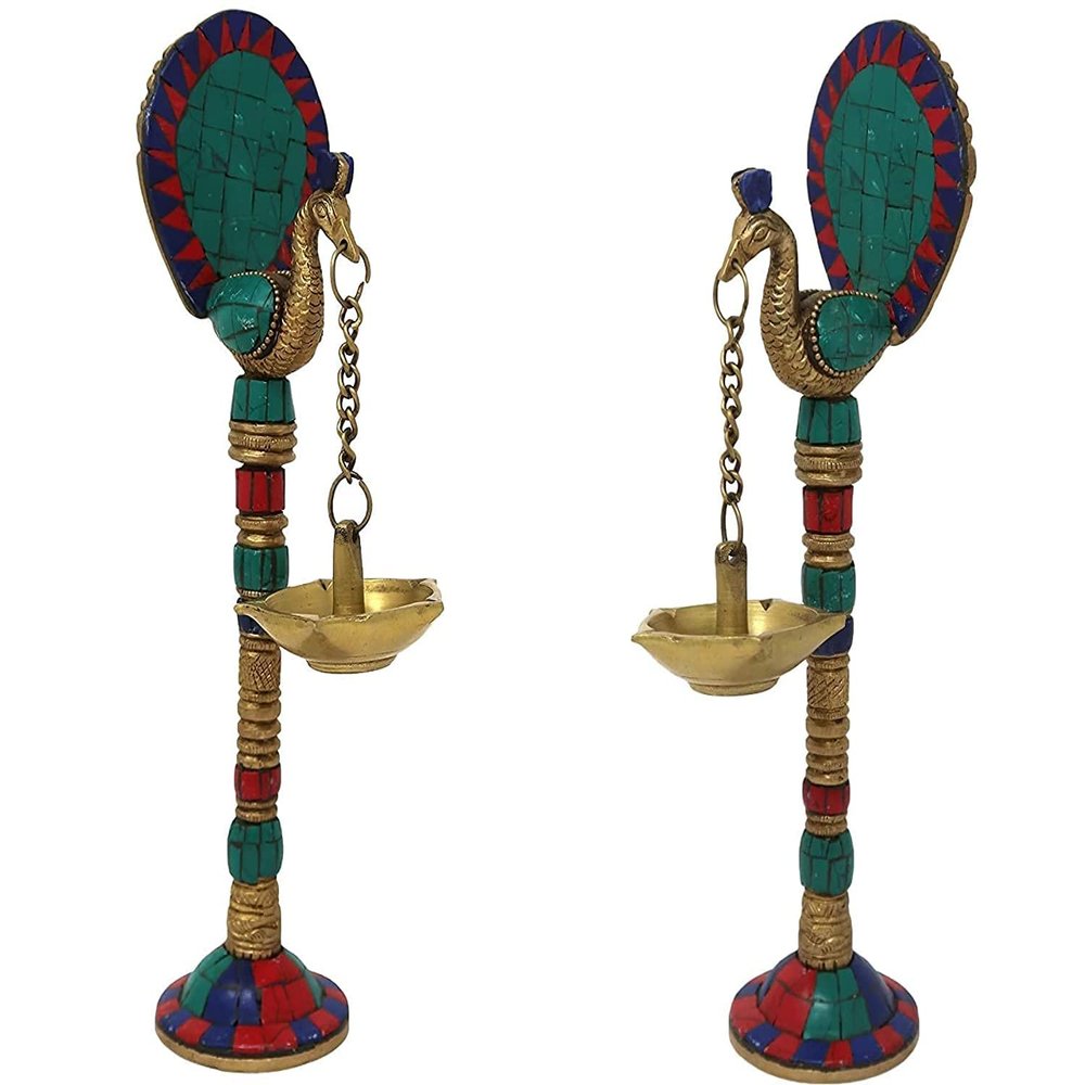 Pink Peony Brass Pair of Bird Peacock Hanging Chain Diya Oil Lamp Stand, 9 Inches (Pack of 2)