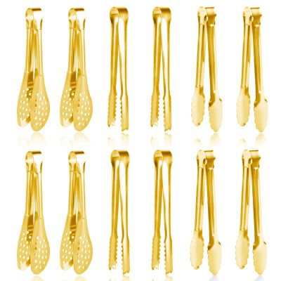 12 Pack Gold Premium Small Serving Tongs, Dmoera Mini Stainless Steel Appetizer Tongs, 5 Inch(12.7cm)