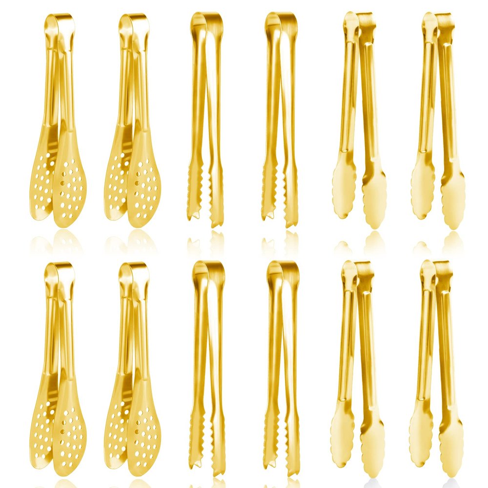 12 Pack Gold Premium Small Serving Tongs, Dmoera Mini Stainless Steel Appetizer Tongs, 5 Inch(12.7cm)