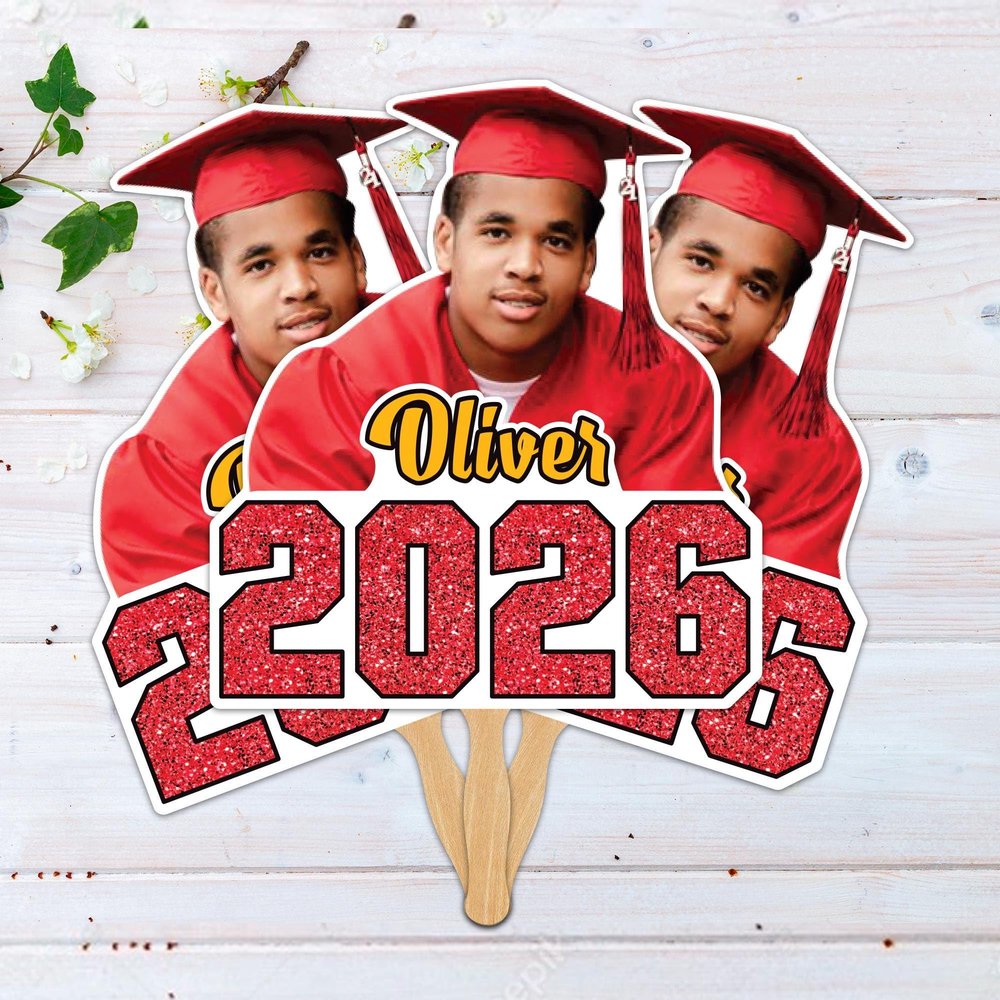 Voila Print Custom Face Fans With Wooden Handle, Graduation Head, Grad Face Fans, Class of 2026, Graduation Faces on a Stick, VP546 (20, 24 Inches)