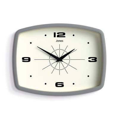 JONES CLOCKS Movie Wall Clock | Rectangular Retro Clock | 10 inch | Gray | Cool mid-Century Designer Look for Kitchen, Living Room or Office