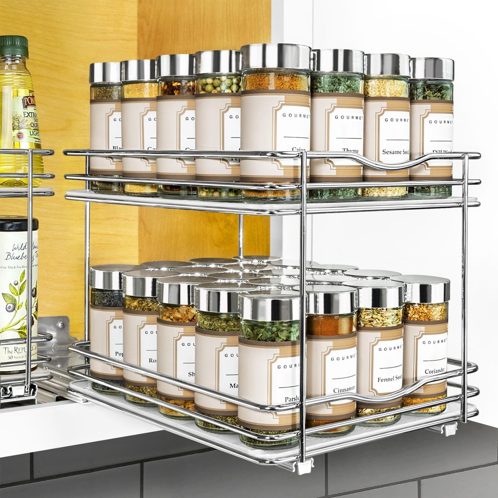 LYNK PROFESSIONAL Pull Out Spice Rack Organizer for Inside Kitchen Cabinets - 8-3/8 inch Wide - Slide Out Drawer  Chrome Sliding Spice Organization for cabinet - Spice Racks - 2 Tier