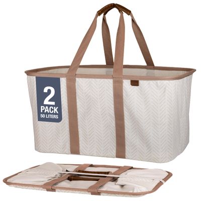CleverMade Collapsible Laundry Tote 2-Pack (50L)  Foldable Carry-All Storage Bin for Laundry, Car Trunk, RV, Dorm & Home Organization  LUXE Cotton Blend with Vegan Leather Accents, Cream