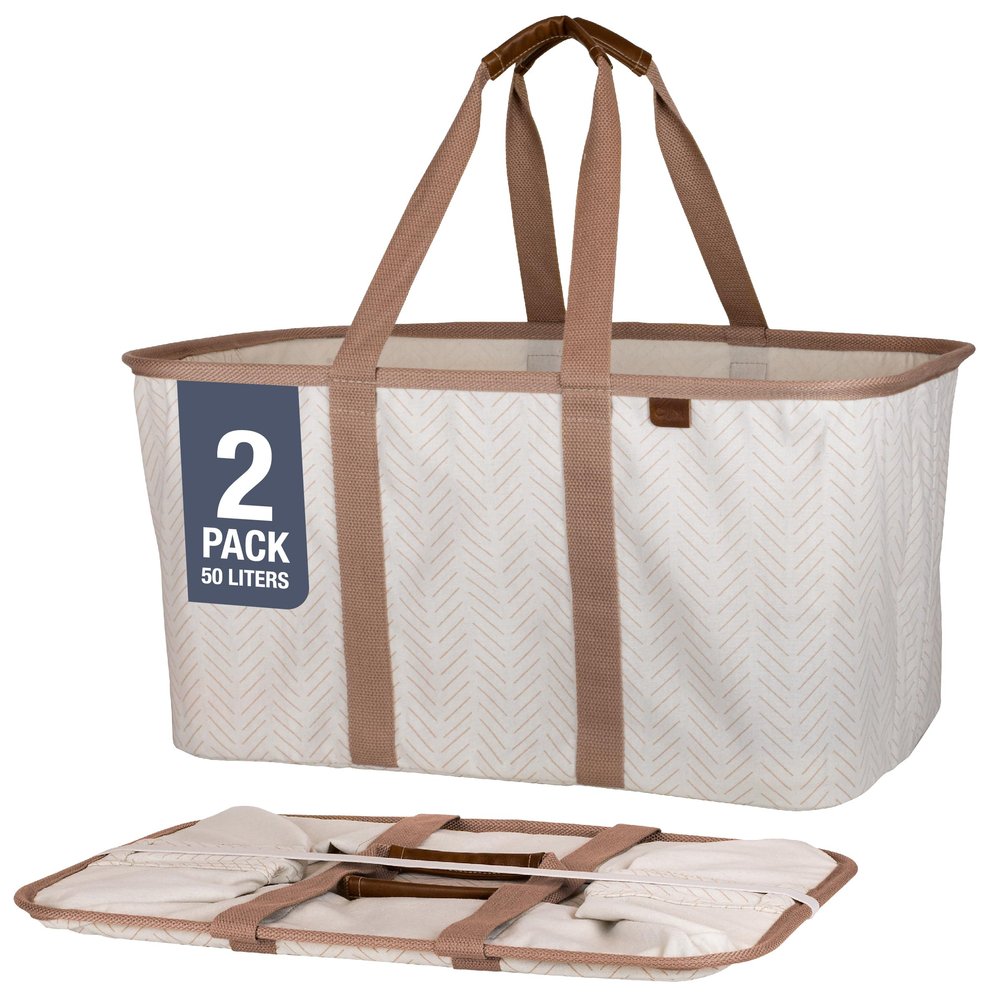 CleverMade Collapsible Laundry Tote 2-Pack (50L)  Foldable Carry-All Storage Bin for Laundry, Car Trunk, RV, Dorm & Home Organization  LUXE Cotton Blend with Vegan Leather Accents, Cream