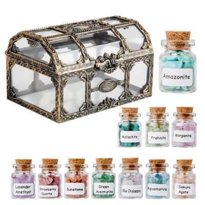 Crystal Chips Gemstone Bottles Set of Different Mini Crystals for Spell Jars, Healing Crystals for Witchcraft in Vintage Box, Chakra Crystals and Healing Stones Set Witch Gifts Witchcraft Supplies