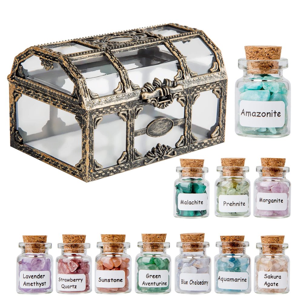 Crystal Chips Gemstone Bottles Set of Different Mini Crystals for Spell Jars, Healing Crystals for Witchcraft in Vintage Box, Chakra Crystals and Healing Stones Set Witch Gifts Witchcraft Supplies