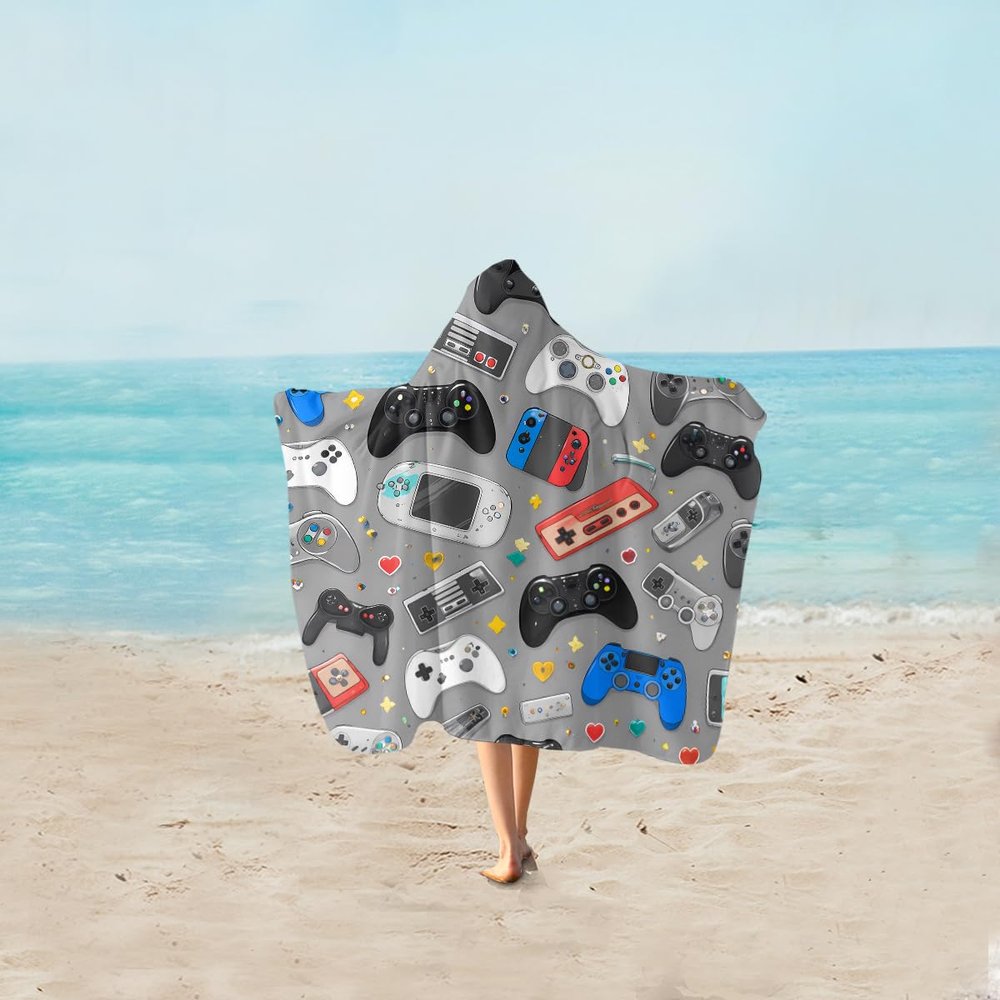 Sleepwish Kids Beach Towel for Boys Girls, Video Game Hooded Bath Towel Wrap, Teens Gaming Controller Pool Towel with Hood (Kids, 1 Piece)