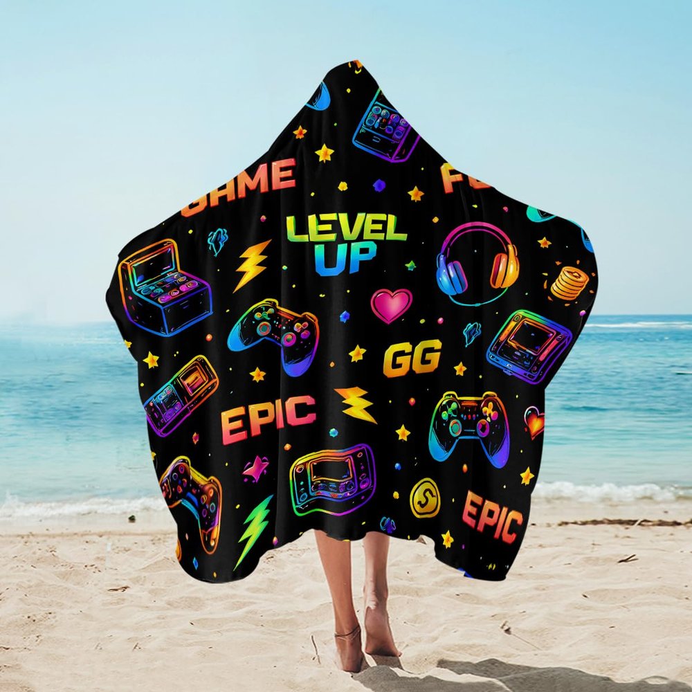 Sleepwish Kids Neon Gamer Beach Towel for Boys Girls, Colorful Gamepad Hooded Bath Towel Wrap, Teens Gaming Pool Towel with Hood, Black Purple Blue (Kids, 1 Piece)