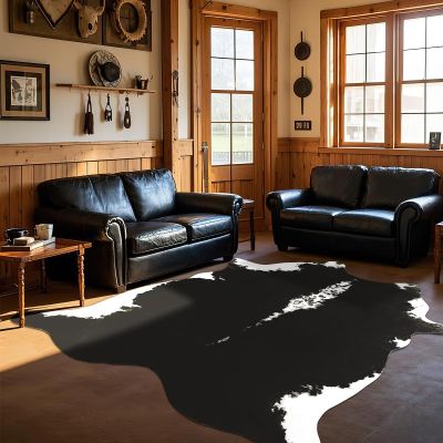 BENRON Premium Cowhide Rug Black, Faux Cow Hide Rugs for Living Room Bedroom Western Home Decor, Non Slip Cute Rug with Irregular Animal Skins and Hides, 4.6 x 5.2ft