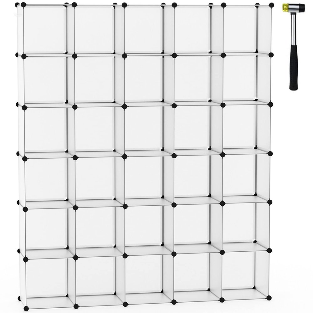 C&AHOME Cube Storage Organizer, 30-Cube Shelves Units, Closet Cabinet, DIY Plastic Modular Book Shelf, Ideal for Bedroom, Living Room, Office, 60.6" L x 12.4" W x 72.6" H Transparent White UPCS30W