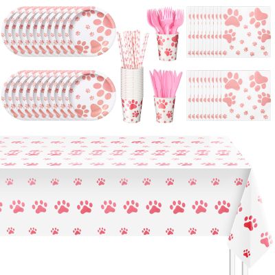 Dog Paw Prints Birthday Party Supplies Set 121 Pcs Serves 20 Guests Paper Plates Cups Napkins Straws Fork Knife Tablecloth for Puppy Theme Birthday Shower Party (Pink)