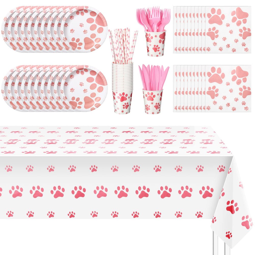 Dog Paw Prints Birthday Party Supplies Set 121 Pcs Serves 20 Guests Paper Plates Cups Napkins Straws Fork Knife Tablecloth for Puppy Theme Birthday Shower Party (Pink)