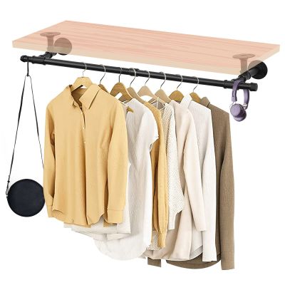 Fobule 48'' Wall Mounted Clothes Rack Iron Industrial Pipe Clothes Rod with Top Shelf Pipe Rack (Wood Plank Not Included)