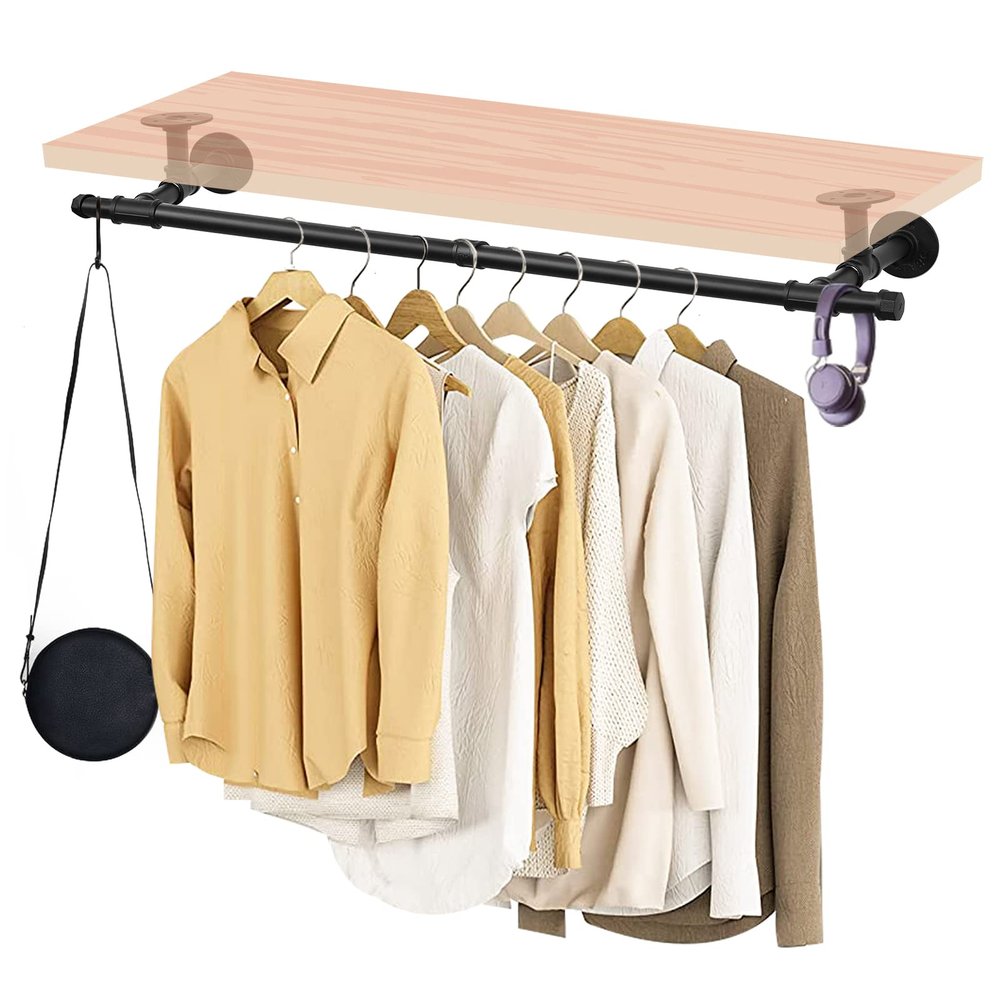 Fobule 48'' Wall Mounted Clothes Rack Iron Industrial Pipe Clothes Rod with Top Shelf Pipe Rack (Wood Plank Not Included)