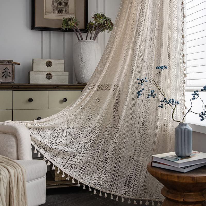 Deeprove Crochet Curtains Boho 63 inches Length for Cafe Kitchen, Knitting Cotton Macrame Lace with Handmade Tassels, Vintage French Country Semi Sheer Hollow Striped, W59 x L63, Beige, 1 Panel