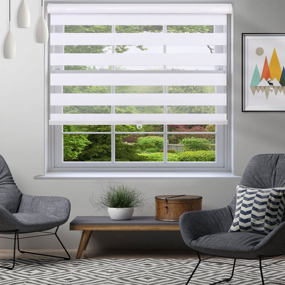 Cordless Zebra Blinds Window Blinds and Shades Dual Layer Roller Shades, Sheer or Privacy Light Control [ White 34 1/2" W x 64" H] Custom Cut to Size, 18 to 72 inch Wide