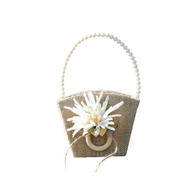 Mokylor 2PCS Wedding Flower Basket, Burlap Wedding Flower Girl Basket with Pearl Handle and Bowknot Romantic Jute Wedding Basket for Weddings Party Vintage Ceremony