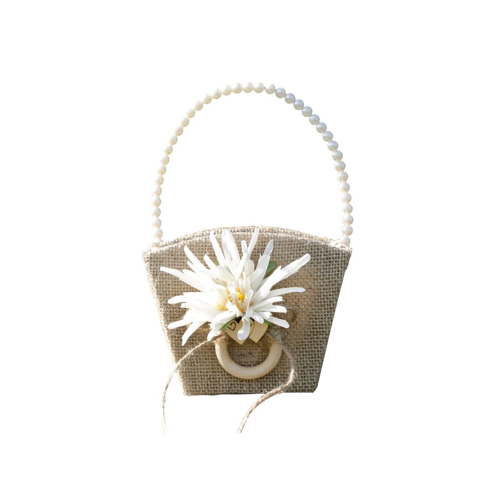 Mokylor 2PCS Wedding Flower Basket, Burlap Wedding Flower Girl Basket with Pearl Handle and Bowknot Romantic Jute Wedding Basket for Weddings Party Vintage Ceremony