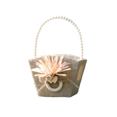Mokylor 2PCS Wedding Flower Basket, Burlap Wedding Flower Girl Basket with Pearl Handle and Bowknot Romantic Jute Wedding Basket for Weddings Party Vintage Ceremony