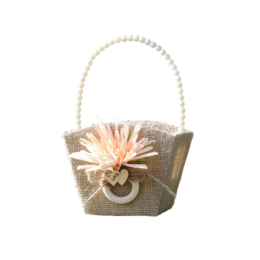 Mokylor 2PCS Wedding Flower Basket, Burlap Wedding Flower Girl Basket with Pearl Handle and Bowknot Romantic Jute Wedding Basket for Weddings Party Vintage Ceremony