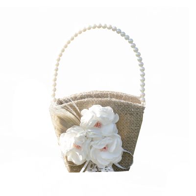 Mokylor 2PCS Wedding Flower Basket, Burlap Wedding Flower Girl Basket with Pearl Handle and Bowknot Romantic Jute Wedding Basket for Weddings Party Vintage Ceremony