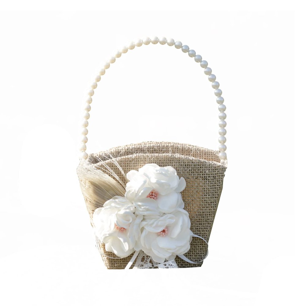 Mokylor 2PCS Wedding Flower Basket, Burlap Wedding Flower Girl Basket with Pearl Handle and Bowknot Romantic Jute Wedding Basket for Weddings Party Vintage Ceremony
