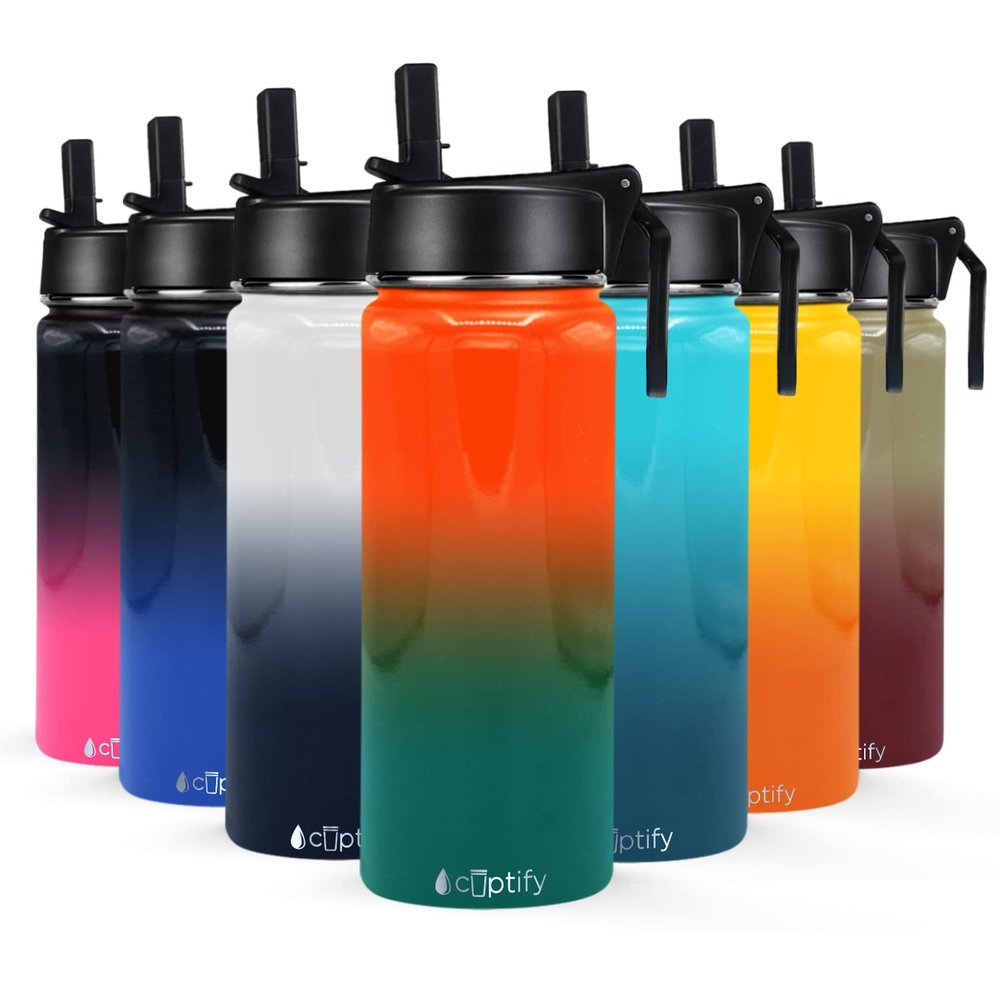 Cuptify Sports Water Bottle with Straw Lid on Miami Ombre for School, Travel and Outdoors 18 oz Modern Insulated Stainless Steel