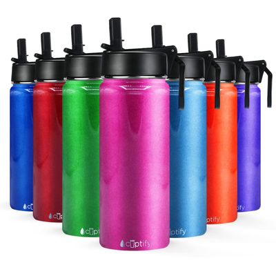 Sports Water Bottle with Straw Lid on Hot Pink Glitter for School, Travel and Outdoors 18 oz Modern Insulated Stainless Steel