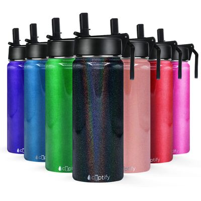Sports Water Bottle with Straw Lid on Black Rainbow Glitter for School, Travel and Outdoors 18 oz Modern Insulated Stainless Steel
