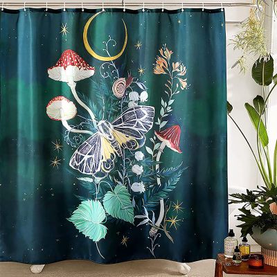 Samicoco Mushroom Shower Curtains Butterfly Green Bathroom Curtains Set Waterproof Fabric Funny Shower Curtain 72" x 72" 12 Hooks