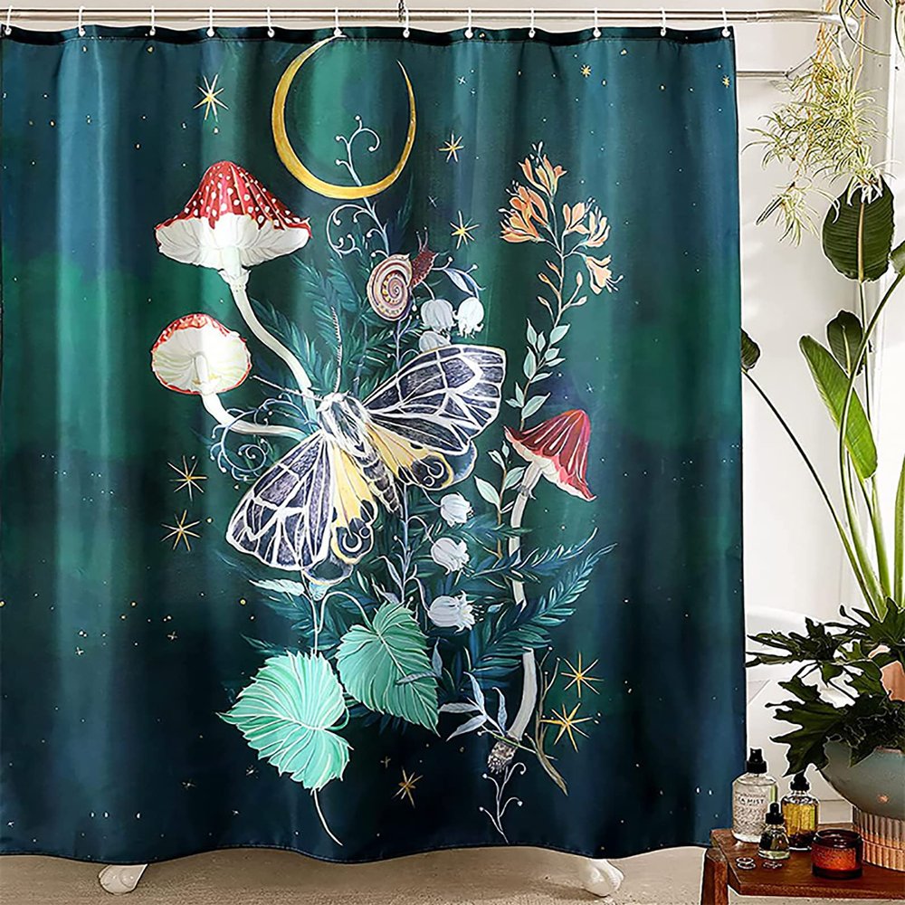 Samicoco Mushroom Shower Curtains Butterfly Green Bathroom Curtains Set Waterproof Fabric Funny Shower Curtain 72" x 72" 12 Hooks