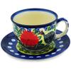 Ceramika Bona Polmedia Polish Pottery Cup with Saucer UNIKAT - Fowl In The Florals Pattern Handmade in Boleslawiec Poland Certificate of Authenticity view 1