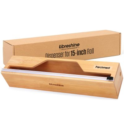 Libreshine 15 Inch Parchment Paper Dispenser with Cutter for Costco-Sized Roll, Bamboo Kitchen Drawer Organizer for Foil & Wax Paper, Wall-Mounted Large Food Wrap Holder