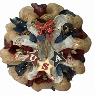 Dangling USA Stars Patriotic Handmade Deco Mesh Wreath. Available in 24 inch and 28 inch diameters