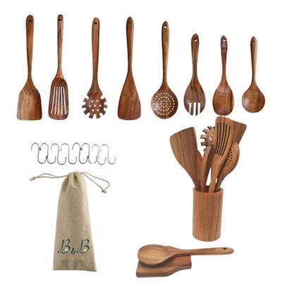 BaraBara Kitchen Utensils Set, Wooden Holder, Spoon Rest and Hooks, Kitchen Wooden Utensils, 100% Natural Teak Wooden Kitchen Utensil