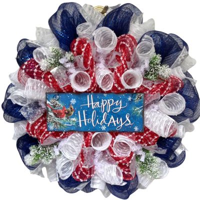 Happy Holidays Cardinal Patriotic Handmade Deco Mesh Wreath. Available in 24 inch and 28 inch diameters.