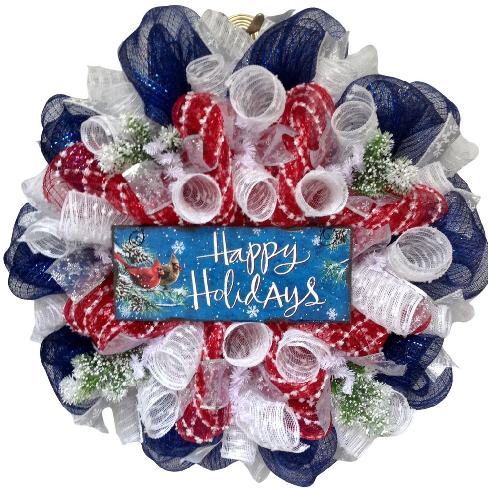 Happy Holidays Cardinal Patriotic Handmade Deco Mesh Wreath. Available in 24 inch and 28 inch diameters.