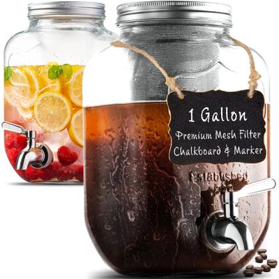 1 Gallon Cold Brew Coffee Maker - 3rd Generation Fine Mesh Filter - Stainless Steel Spigot - Extra Thick Large Glass Mason Jar Drink Dispenser Carafe, Iced Coffee Maker & Sun Tea Pitcher with Infuser.