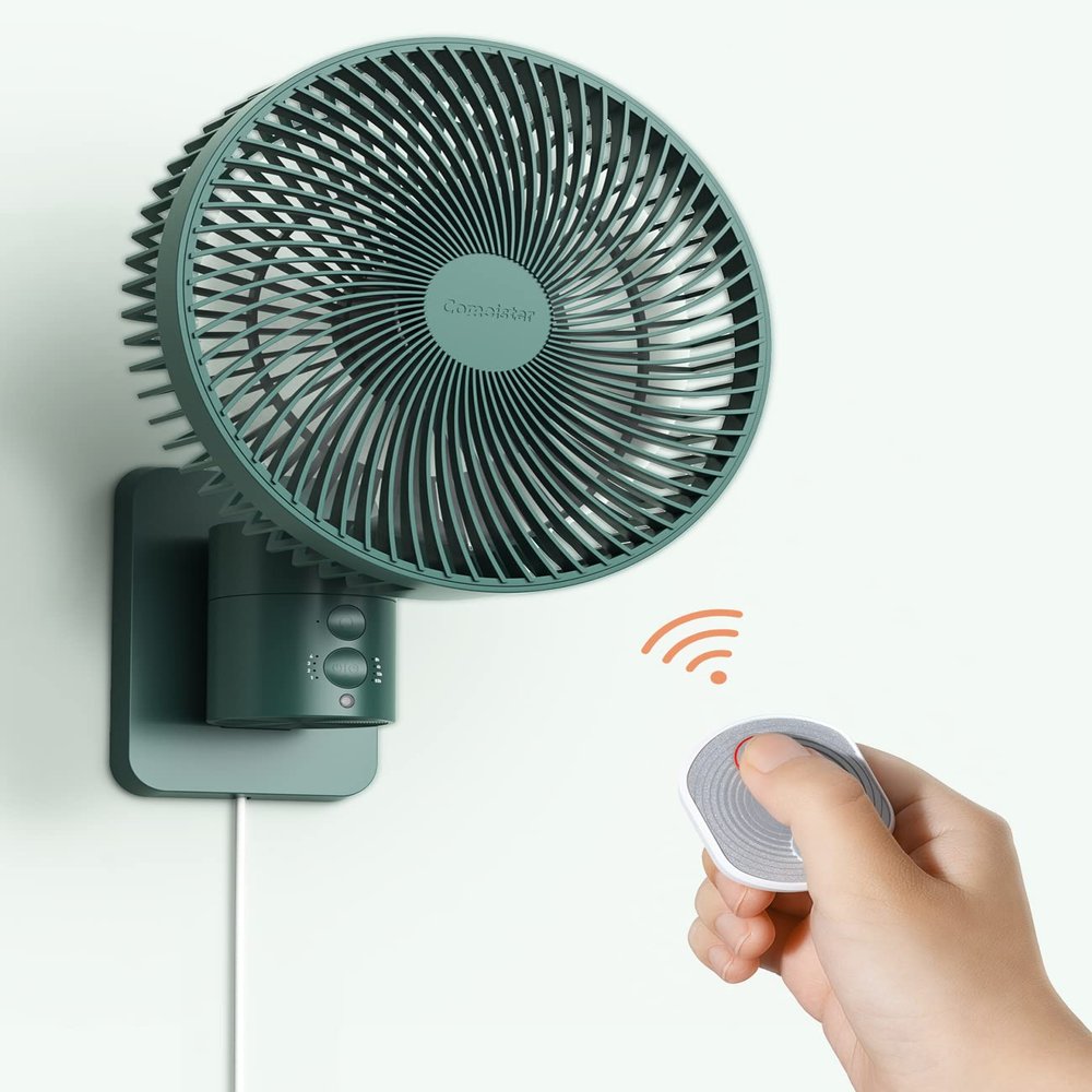 Comoistar Wall Mounted Oscillating Fan with Remote and Timer,8.5 Inch Small RV Fan with 4 Speeds, 90 Oscillation, 120 Adjustable Tilt, 5.92 feet Wire, Quiet Corner Fans for Bedroom, Indoor Bathroom