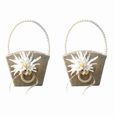 Dysetcs 2Pcs Rustic Flower Girl Basket Burlap Wedding Flower Basket with Pearl Handle Burlap Jute Flower Basket for Vintage Wedding Ceremony Christmas Decoration