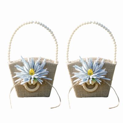 Dysetcs 2Pcs Rustic Flower Girl Basket Burlap Wedding Flower Basket with Pearl Handle Burlap Jute Flower Basket for Vintage Wedding Ceremony Christmas Decoration